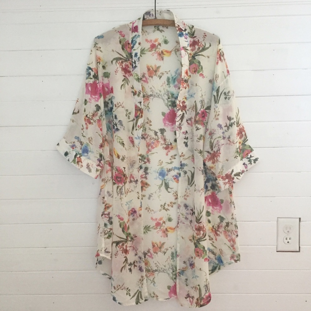 Off-White Floral Chiffon Kimono - One Size